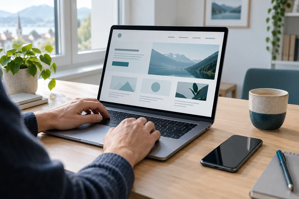 Laptop und Smartphone auf einem hellen Schreibtisch als Symbol für einfache digitale Arbeit